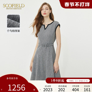 Scofield女装千鸟格时尚V领收腰无袖伞裙连衣裙2024年夏季
