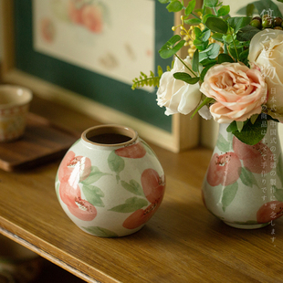 日式粉引手绘陶瓷花瓶小号，复古化妆土花器，民宿陶艺摆件装饰景德镇