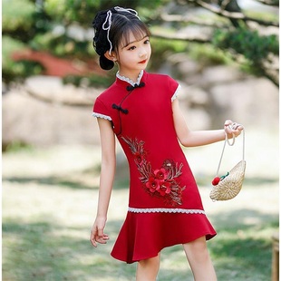 女童旗袍夏装薄款中国风红色女孩汉服公主裙复古儿童改良旗袍夏季