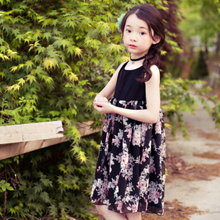 女童白色黑色夏韩版公主裙碎花 儿童拼接花色吊带连衣裙
