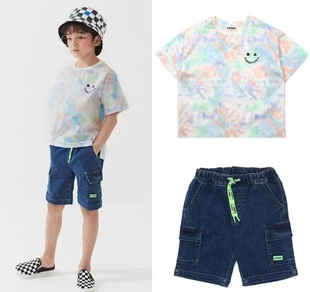 100-155韩系童装男女童深牛仔蓝荧光，绿抽绳大口袋短裤