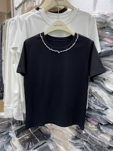 韩国东大门2024夏季纯色，重工珍珠钉珠领宽松显瘦短袖t恤上衣