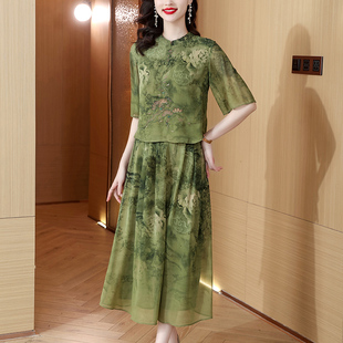 新中式国风复古小套装夏季唐装真丝衬衫香云纱半身裙子两件套女装