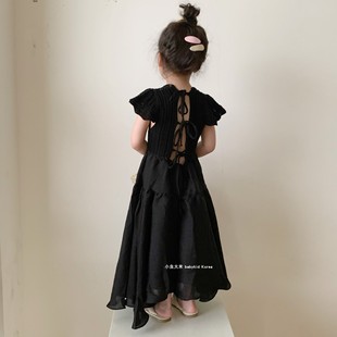 2023韩版夏季夏款女童，气质范薄款毛线，拼接系带露背连衣裙礼服裙子