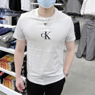 CK Calvin Klein男士夏季简约字母LOGO刺绣纯棉圆领短袖T恤潮