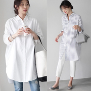 2024春季韩版女装宽松bf风中长款条纹，长袖衬衫女宽松白色衬衣