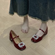 速鼎法式复古高跟红色小皮鞋玛丽珍鞋女粗跟单鞋水钻婚鞋新娘鞋子