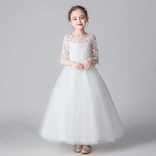 儿童礼服公主裙白色钢琴表演出服装女童儿童婚纱蓬蓬纱大童小提琴