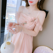 不规则超仙雪纺连衣裙海边度假长裙夏季手工花朵绝美吊带裙女