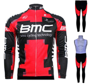 cycling wear红色骑行服BMC秋冬抓绒上衣长裤套装背带动感单车裤