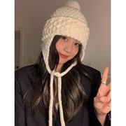 毛球针织帽子女韩版可爱长辫子冬季保暖护耳毛线帽情侣滑雪雷峰帽