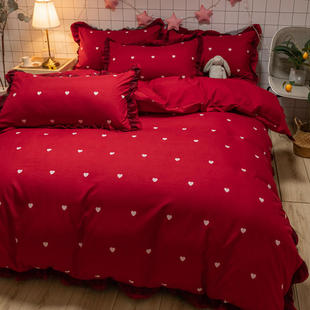 婚庆四件套全棉结婚纯棉大红色六七件套新婚房床上用品床单被套件