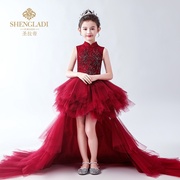 儿童拖尾礼服公主裙，蓬蓬纱女童模特走秀晚礼服，红色中式钢琴表