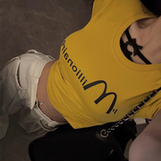 机能风辣妹短袖T恤女2024年夏季黄色纯棉修身掐腰甜美小上衣