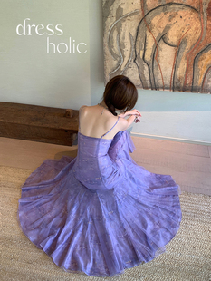 dressholic莫奈浅紫色油画印花度假风吊带连衣裙法式茶歇高级感