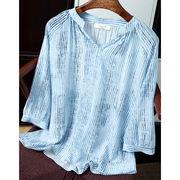 蓝白条纹真丝上衣女桑蚕丝，双绉v领灯笼，袖宽松显瘦小衫夏季