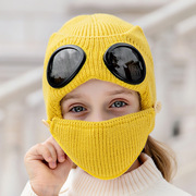 儿童保暖帽子口罩围巾一体毛线帽眼镜帽冬季滑雪骑车飞行员护耳帽