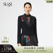 SUSSI/古色23春季商场同款黑色刺绣百搭翻领短款西装外套女