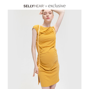 SELLYNEAR 欧美风孕妇夏装黄色褶皱针织夏天连衣裙子夏季薄款外穿
