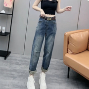 大码女装复古显瘦直筒牛仔裤女2025春季新款高腰修身百搭哈伦裤子
