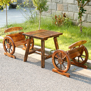 户外防腐桌椅庭院阳台花园咖啡厅，实木复古碳化休闲车轮桌椅三件套