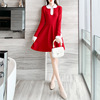 W6670红色娃娃领连衣裙2021秋季女装针织宽松显瘦气质a字裙子