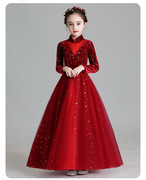 小女孩长袖红色高端主持人礼服公主裙蓬蓬纱裙花童生日钢琴表演服