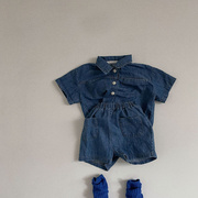 婴儿衣服夏装韩版ins男女，宝宝短袖牛仔衬衫，+短裤子休闲2件套装