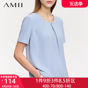 amii夏装2024年黑色短袖雪纺衬衫女士设计感小众衬衣上衣宽松