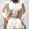 西装外套女夏季薄款亚麻小众设计感白色休闲上衣韩短裤西服三件套