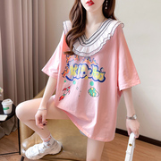 蕾丝拼接V领中长款短袖T恤女2022夏季韩版宽松百搭设计感上衣