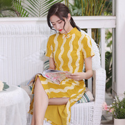 黄色条纹旗袍女年轻款短款夏季日常修身复古连衣裙薄款2021年夏款