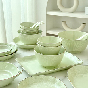 荷塘月色欧式金边碗碟餐具套装，陶瓷饭碗汤面碗菜盘勺子家用组合