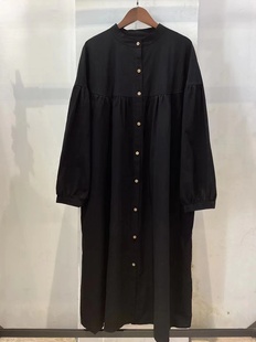 18367赫本风小黑裙压褶纯棉，长袖连衣裙纯色大版遮肉单排扣衬衫裙