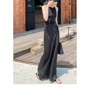克洛奇亚麻半身裙女抽绳收腰设计修身显瘦气质黑色裙子2024春季