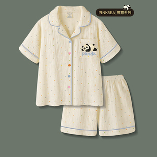 睡衣女夏款可爱熊猫，短袖短裤套装夏季梭织，纯棉纱布甜美家居服