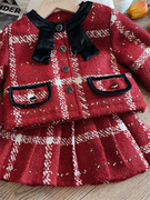 女童小香风蝴蝶结红色拜年服套装冬季儿童洋气加厚格子外套百褶裙