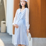 2024年孕妇春季连衣裙，双翻领长袖雪纺，纯色中长款高贵韩版裙子