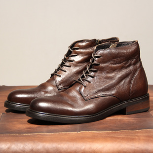 KIXSIZE阿美咔叽固特异复古擦色真皮手工装靴男士厚底短筒马丁靴