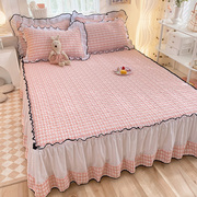 床裙公主风夹棉床单单件裙边粉色花边女生床笠床盖三件套防滑