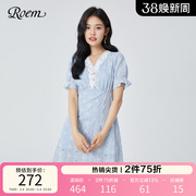 roem夏季时尚韩版淑女甜美v领连衣裙收腰显瘦民族风女装长裙