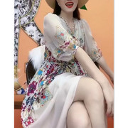 韩国设计师CherryKoko夏季韩版雪纺花朵连衣裙V领时尚中长款