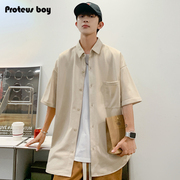 ProteusBoy短袖衬衫男麂皮绒宽松工装夏季休闲寸衣外搭外套潮