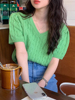 韩国chic夏季减龄气质，v领麻花纹设计宽松休闲短袖针织衫上衣