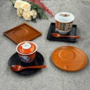 日式位上炖盅汤盅带盖陶瓷，小碗蒸蛋底托木托茶托壶托托盘蛋盅底碟
