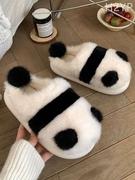 细细条熊猫棉拖鞋女冬季室内居家用防滑可爱毛绒保暖月子软底鞋
