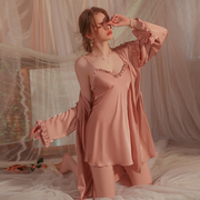 睡衣女春夏冰丝绸缎性感高级感睡袍吊带睡裙长袖两件套甜美家居服