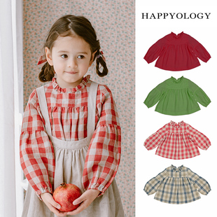 happyology英国女童衬衫儿童，长袖亚麻透气童装上衣，秋季衬衣格子衫