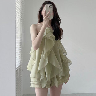 韩国chic夏季法式复古挂脖拼接荷叶边设计无袖吊带连衣裙短裙女