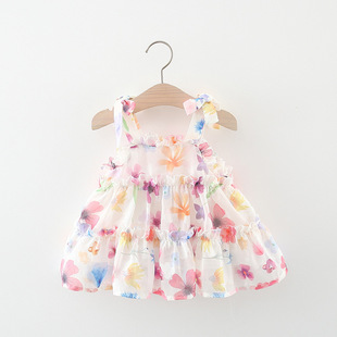 婴儿女童夏季雪纺蛋糕连衣裙，小宝宝洋气童装，无袖吊带公主裙子